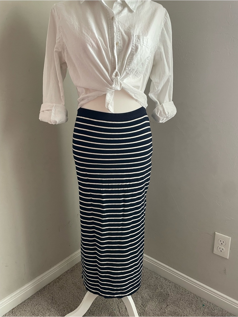 GAP Navy and White Striped Cotton Maxi Skirt Nautical